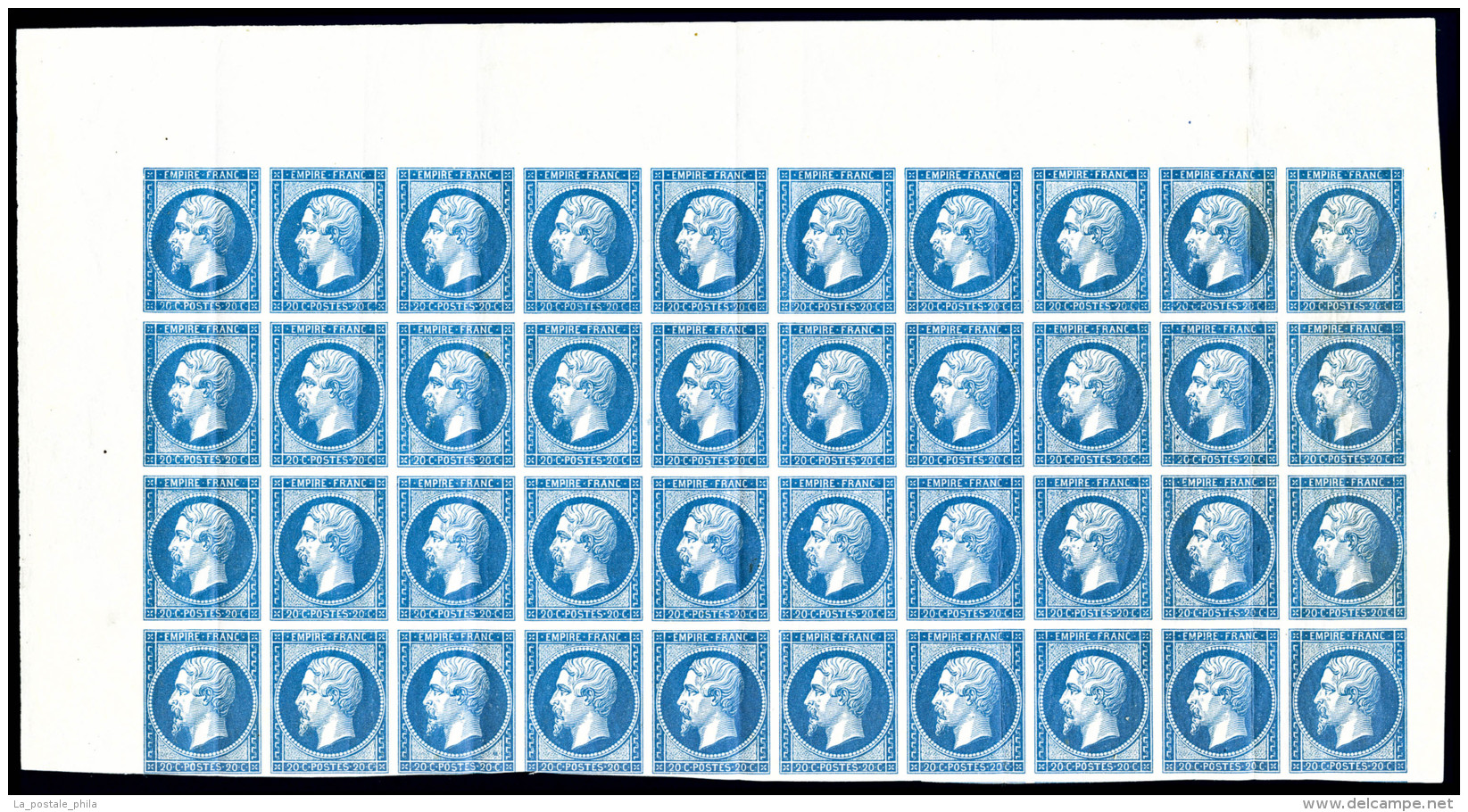 ** N°14B, 20c Bleu Type II En Panneau De 40 Exemplaires Haut De Feuille, Quelques Plis Verticaux Sans... - 1853-1860 Napoléon III