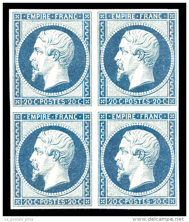 ** N°14Af, 20c Bleu Laiteux Type I En Bloc De Quatre (2 T*), Fraîcheur Postale, SUP (signé... - 1853-1860 Napoléon III