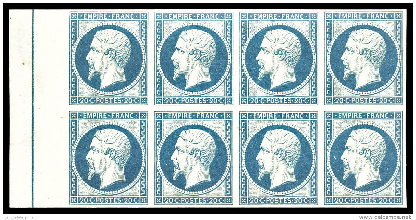 ** N°14Af, 20c Bleu Laiteux En Bloc De Huit Bord De Feuille Latéral Avec Filet D'encadrement,... - 1853-1860 Napoléon III