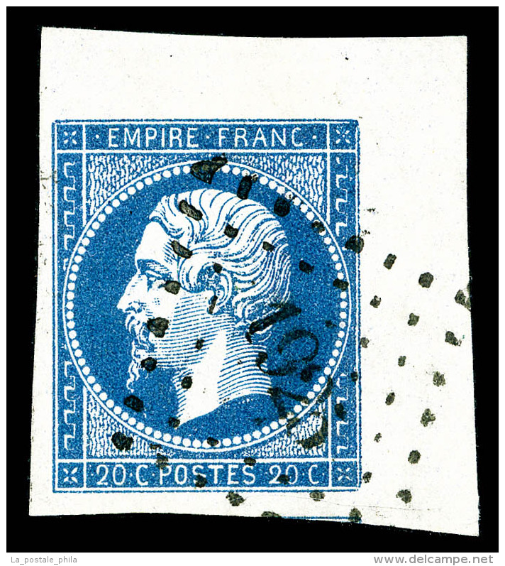 O N°14A, 20c Bleu Type I Coin De Feuille, Obl PC '1925' Legère, Pièce Choisie, SUP (signé... - 1853-1860 Napoléon III