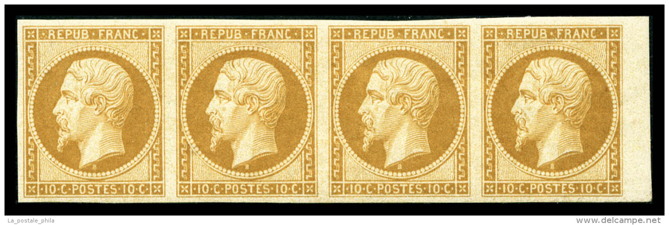 ** N°9e, 10c Bistre, Impression De 1862 En Bande De Quatre Bord De Feuille (2ex*), Fraîcheur Postale, SUP... - 1852 Louis-Napoléon
