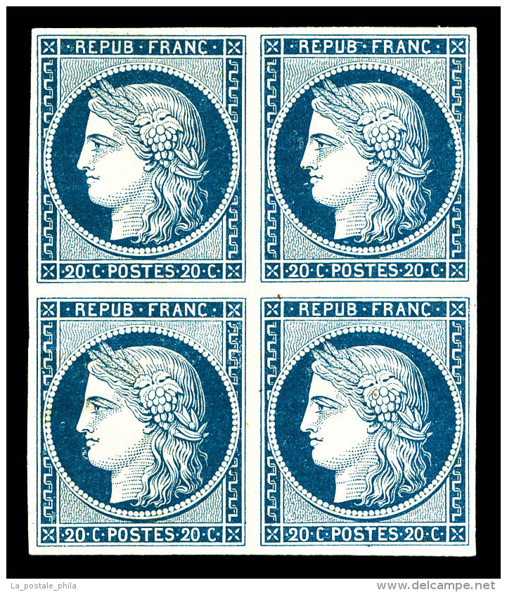 (*) N°8, Non émis, 20c Bleu: Essais Sur Papier Bristol En Bloc De Quatre, Très Jolie... - 1849-1850 Ceres