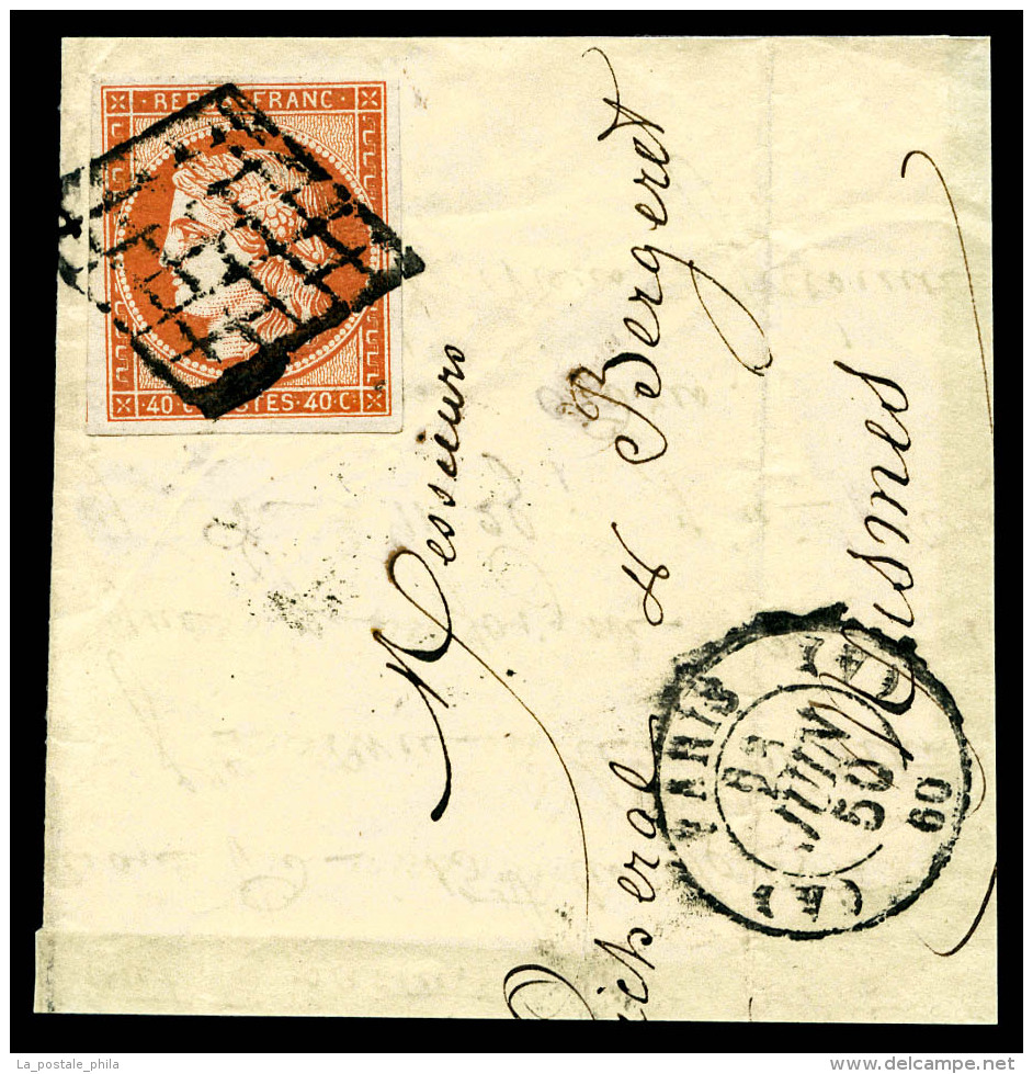 O N°5, 40c Orange Obl Grille Sur Fragment De Lettre De Paris Juin 50, TB (certificat)   Qualité: O  ... - 1849-1850 Ceres