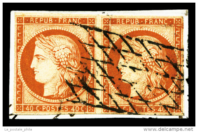 O N°5, 40c Orange En Paire Sur Petit Fragment Oblitération Grille Sans Fin, TB (signé... - 1849-1850 Ceres