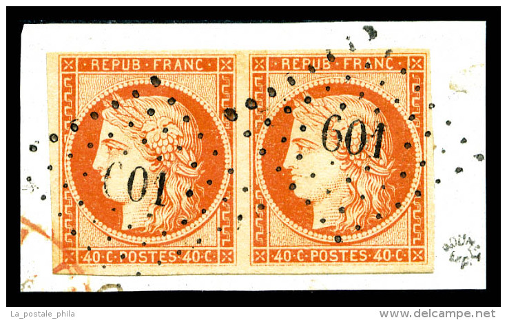 O N°5, 40c Orange En Paire Sur Petit Fragment Oblitération PC, TTB (certificat)   Qualité: O  ... - 1849-1850 Cérès