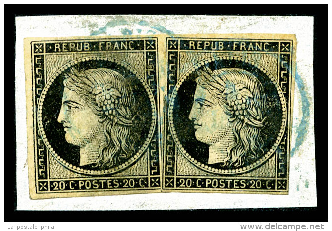 O N°3, 20c Noir, Deux Exemplaires Obl Petit Cachet à Date Bleu Type 15 De Paris Sur Support. SUPERBE.... - 1849-1850 Ceres