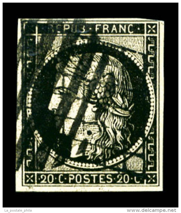 O N°3, 20c Noir Obl Cercle De 10 Barres De Lille + Grille, Très Rare. TTB (signé/certificats)  ... - 1849-1850 Ceres