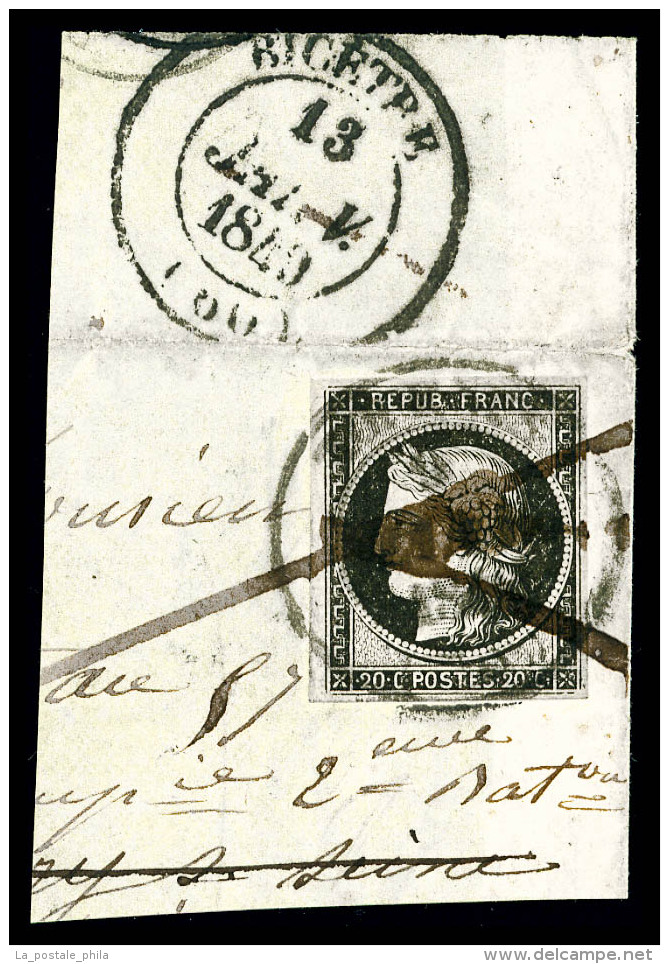 O N°3, 20c Noir Sur Jaune Obl Càd Type 14 Du 13 Janvier 1849 + Plume Sur Petit Fragment, TB  ... - 1849-1850 Cérès