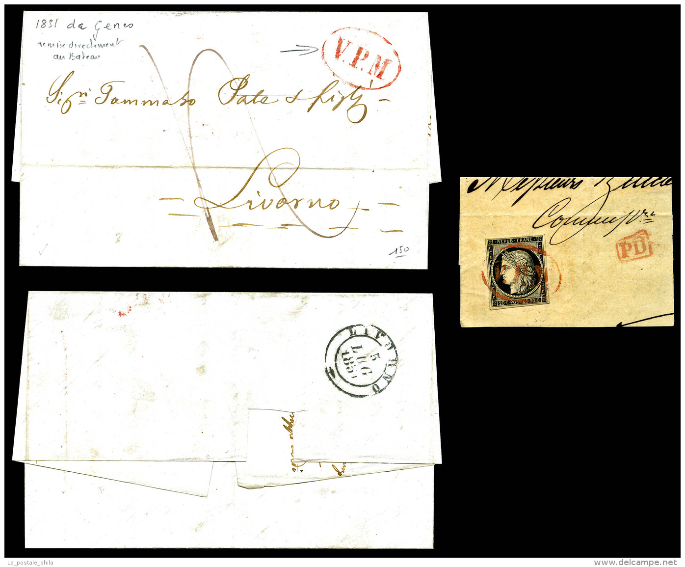 O N°3, 20c Noir Obl Ovale Rouge 'VPM' (Via Particolare Maritima, Salles N°667) Sur Fragment De Lettre De... - 1849-1850 Ceres