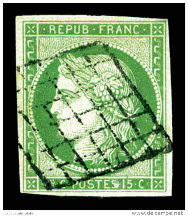 O N°2, 15c Vert Obl Grille, TB (signé Brun/Calves/certificat)   Qualité: O   Cote: 1000 Euros - 1849-1850 Cérès
