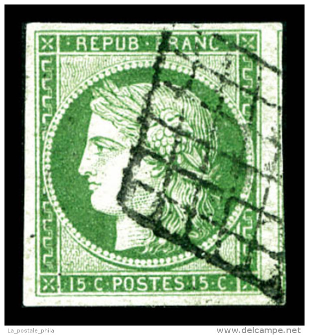 O N°2, 15c Vert, Obl Grille, Voisin à Droite, SUP (signé Scheller/certificat)   Qualité: O... - 1849-1850 Ceres