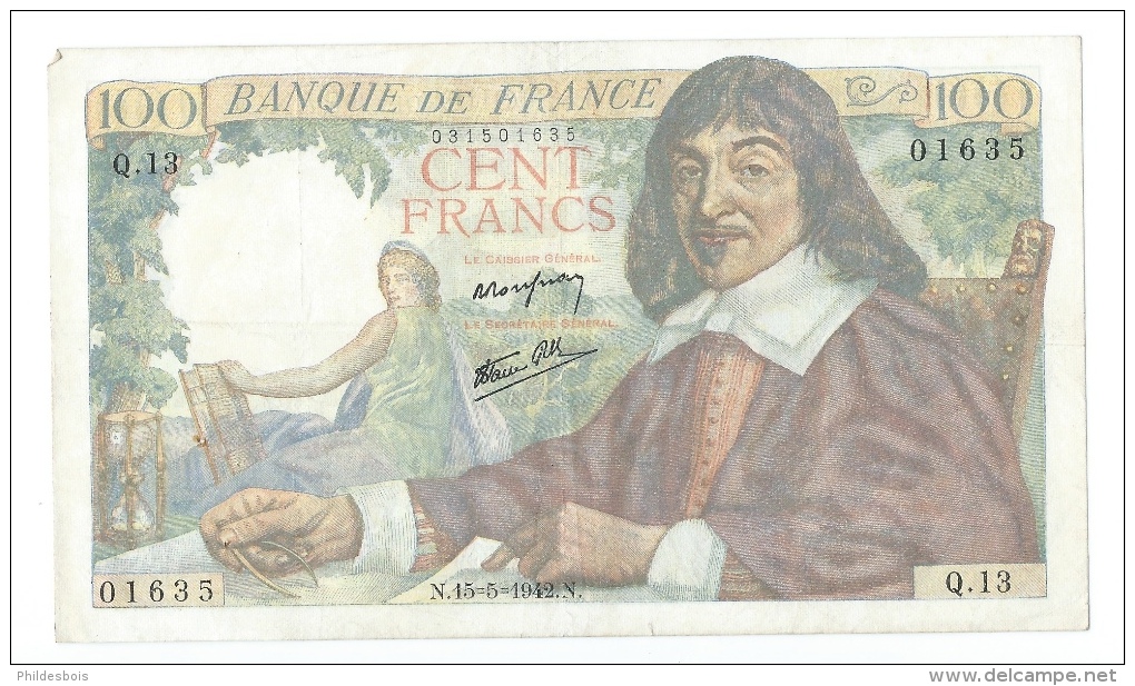 100 FRANCS DESCARTES 1942-1944 15/05/1942 TB (trou épingle) - 100 F 1942-1944 ''Descartes''
