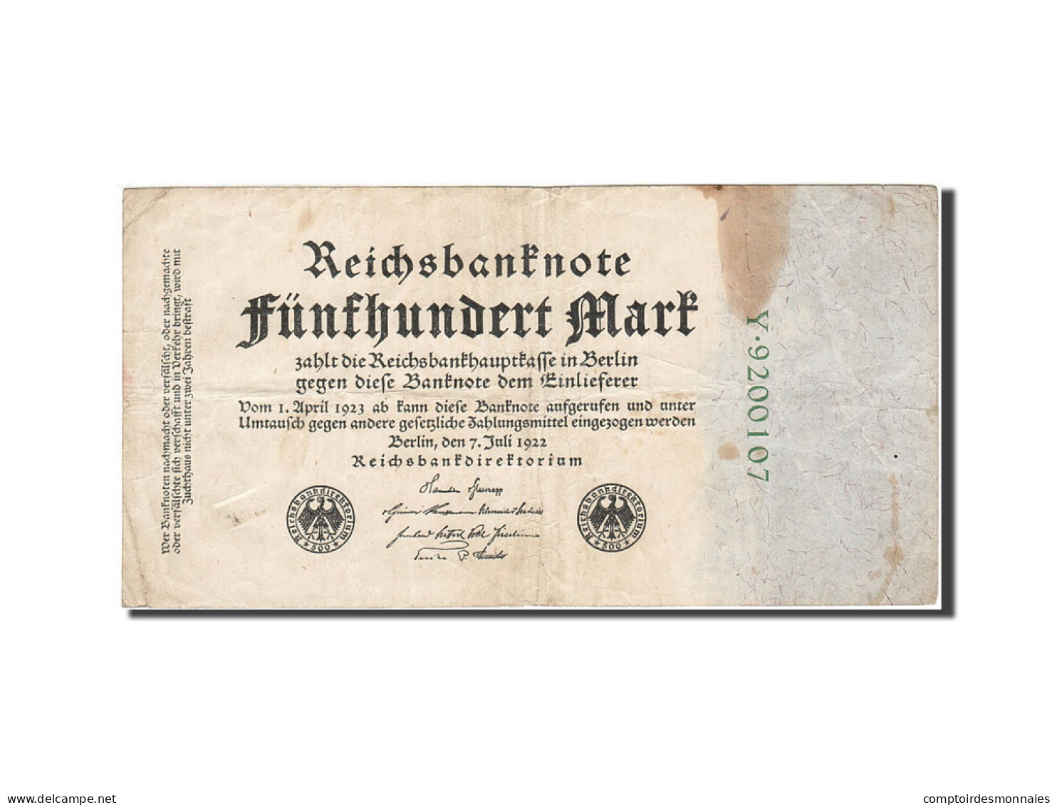Billet, Allemagne, 500 Mark, 1922, 1922-07-07, KM:74b, TB - 500 Mark