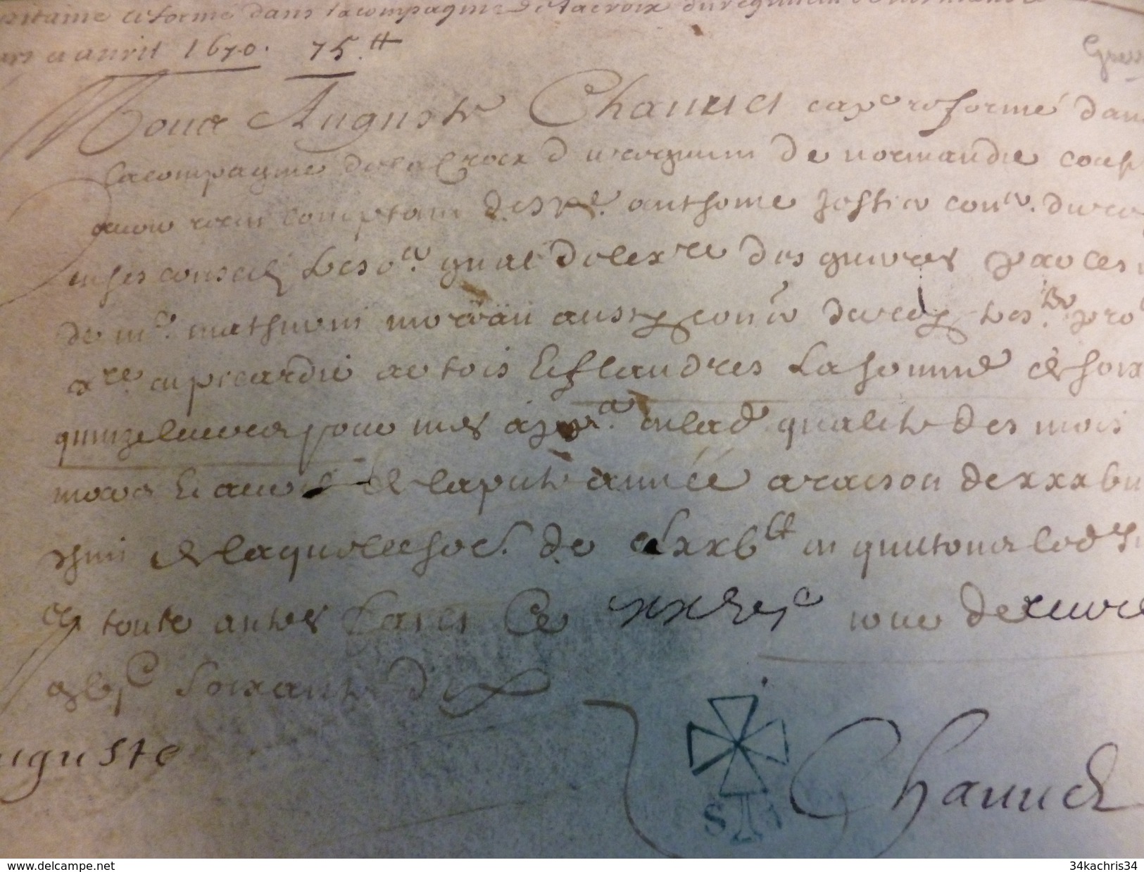 Militaria  1670 Régiment De Normandie Cie De Lacroix  Cavalerie Autographe Capitaines De Chauues ? - Documenten