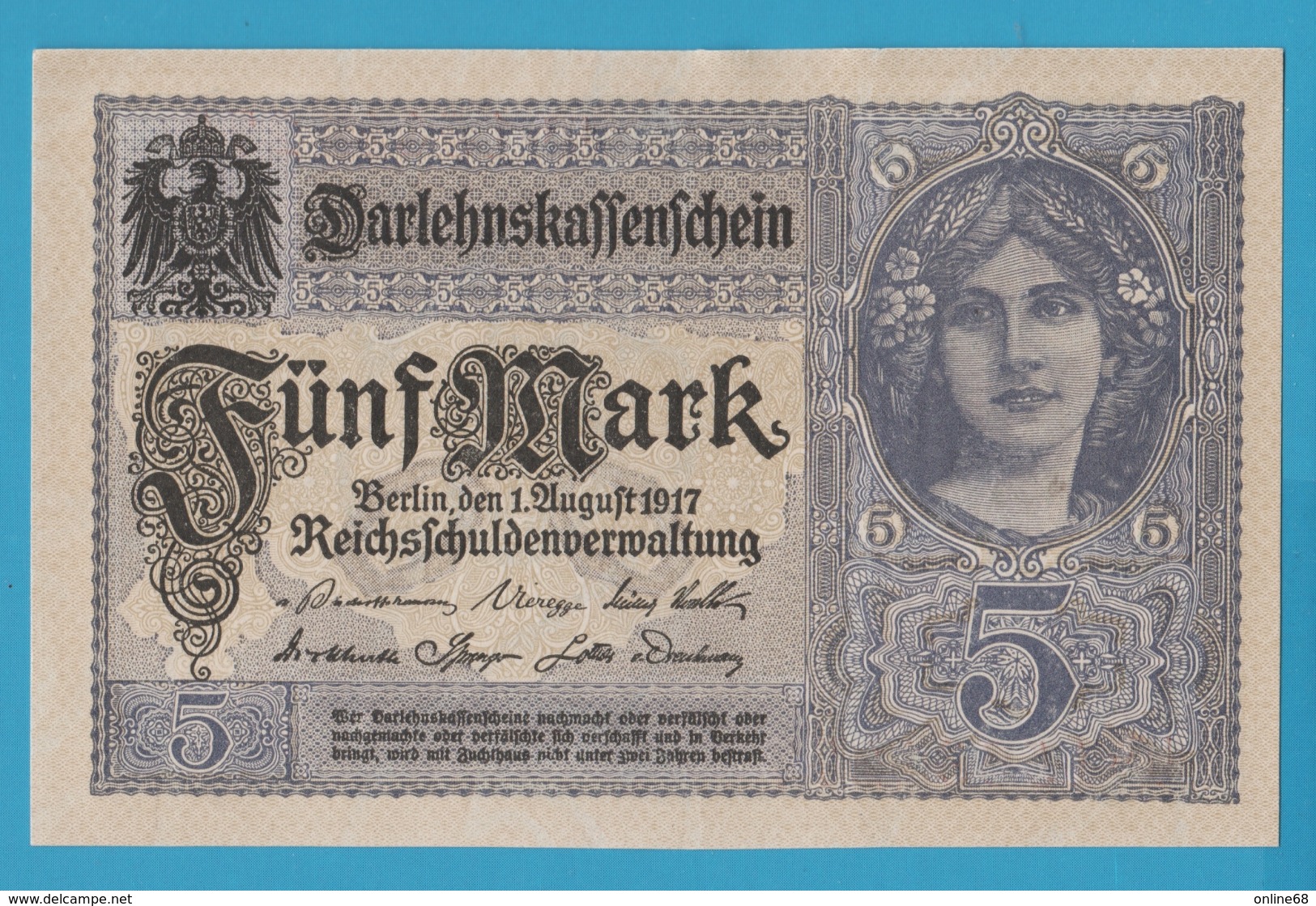 DEUTSCHES REICH 5 MARK 01.08.1917 Alpha # T.15631277   P# 56b   UNC - 5 Mark