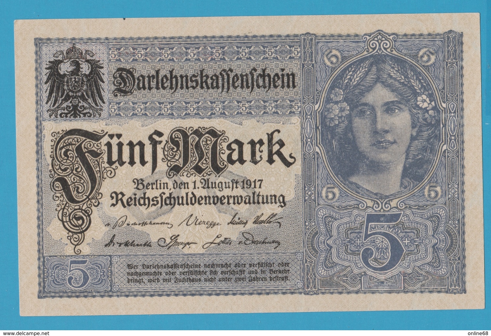 DEUTSCHES REICH 5 MARK 01.08.1917 Alpha # Q.17248957   P# 56b   UNC - 5 Mark