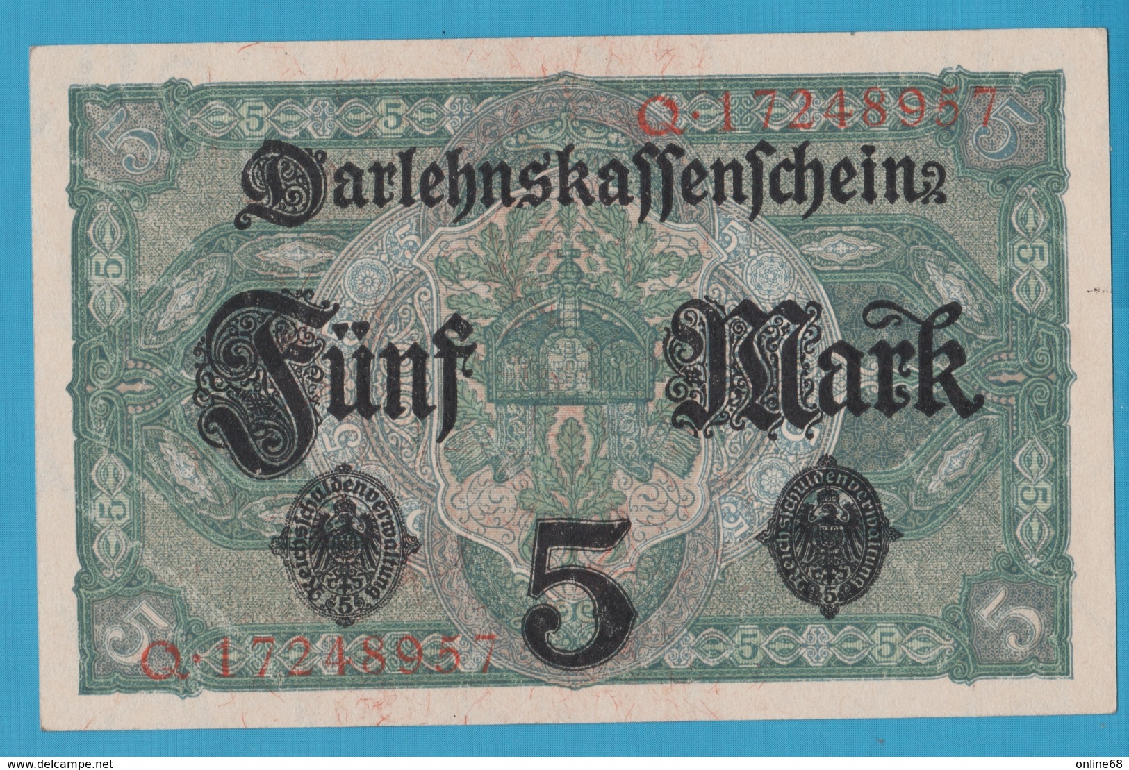 DEUTSCHES REICH 5 MARK 01.08.1917 Alpha # Q.17248957   P# 56b   UNC - 5 Mark