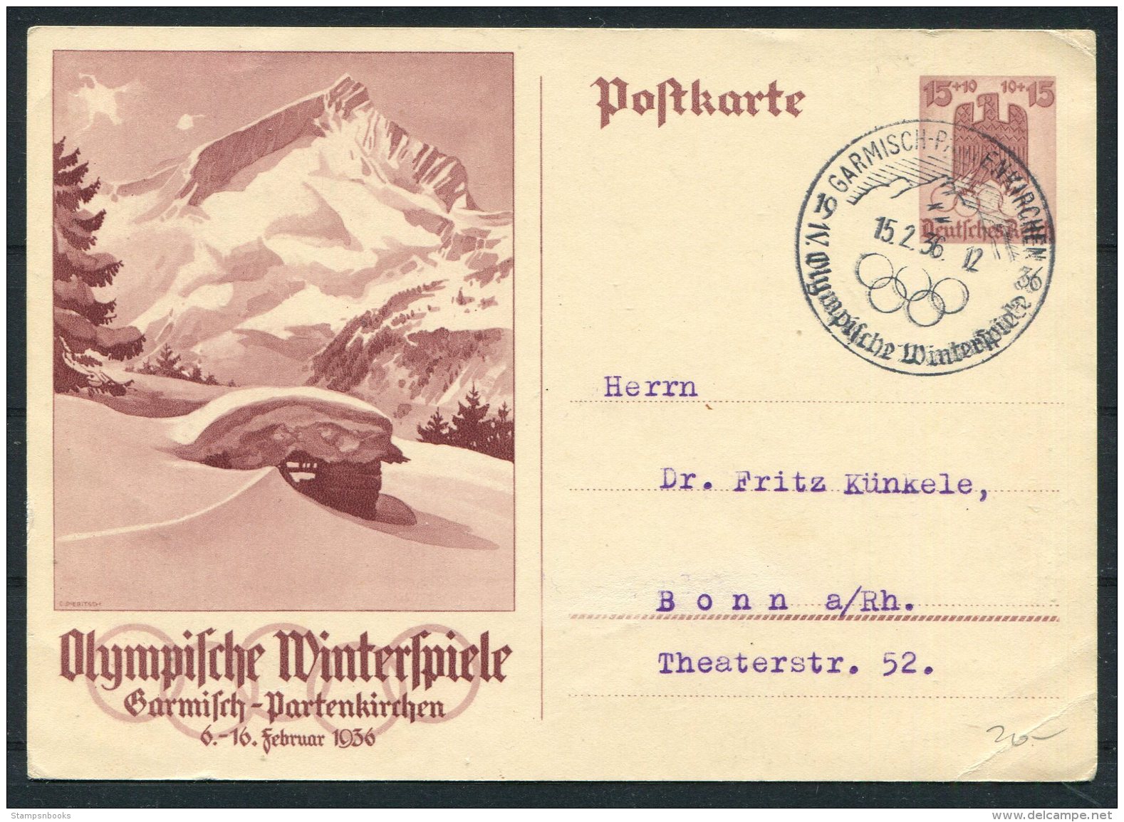 1936 Germany DR Ganzsache Stationery Postcards (2) Garmisch Winter Olympics - Andere & Zonder Classificatie