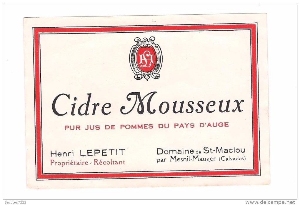 ETIQUETTE CIDRE MOUSSEUX - PAYS D'AUGE - LEPETIT Domaine De ST MACLOU - Par MESNIL MAUGER - Autres & Non Classés