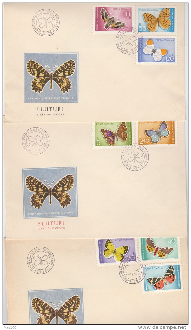 #BV3572  BUTTERFLY, INSECT, NATURE, ANIMAL COVERS FDC X 3, 1969, ROMANIA. - FDC