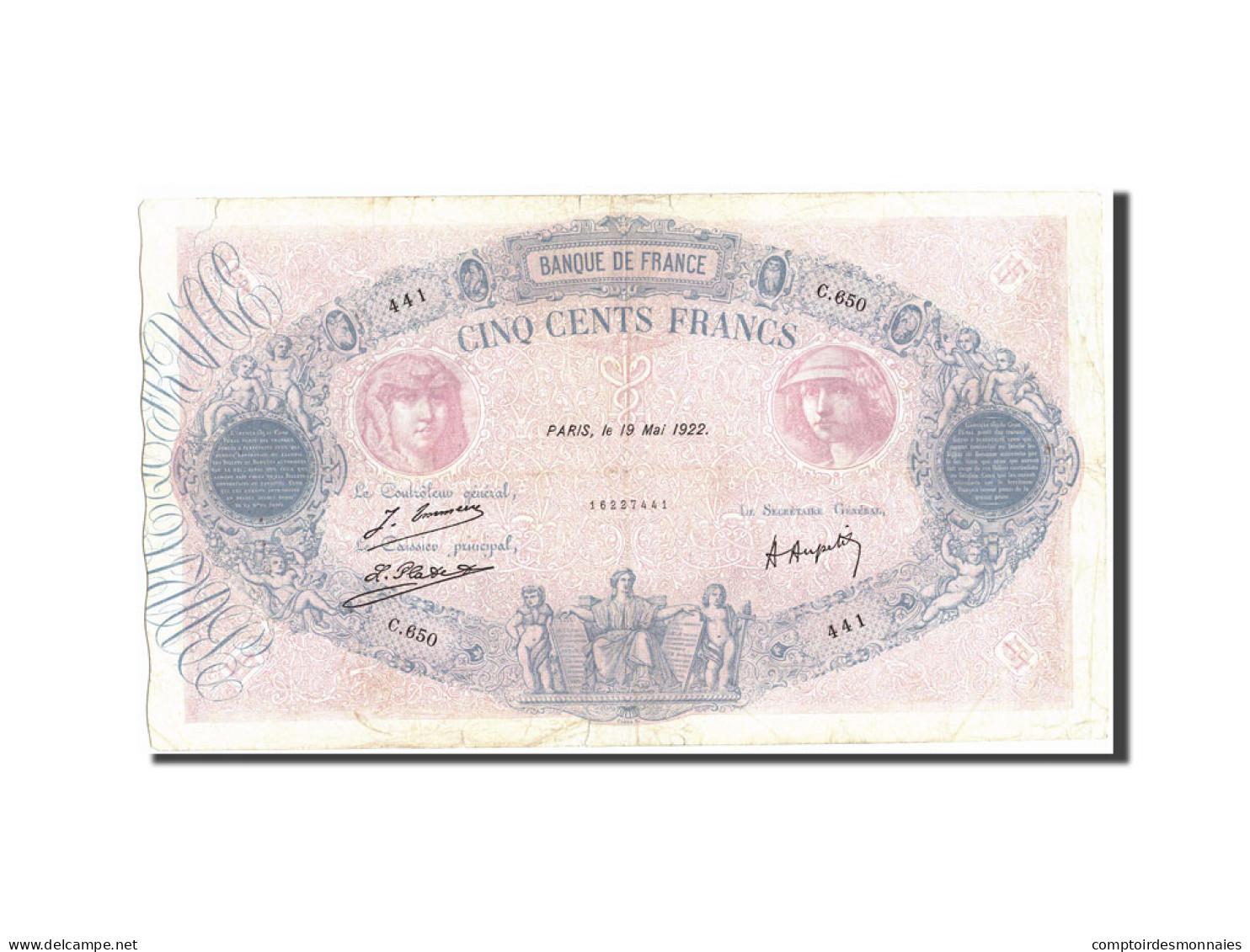 Billet, France, 500 Francs, 500 F 1888-1940 ''Bleu Et Rose'', 1922, 1922-05-19 - 100 F 1888-1909 ''Bleu Et Rose''