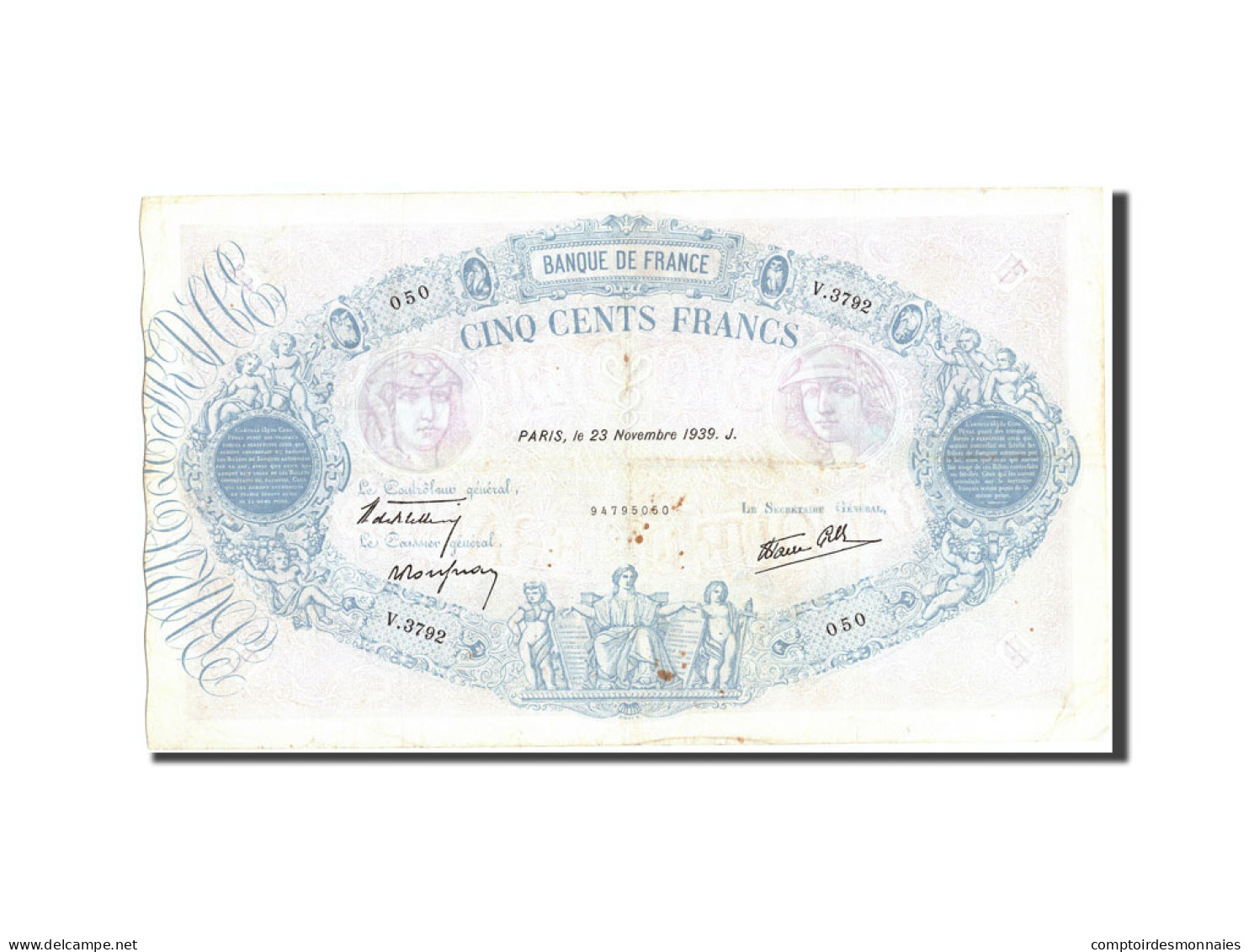 Billet, France, 500 Francs, 500 F 1888-1940 ''Bleu Et Rose'', 1939, 1939-11-23 - 500 F 1888-1940 ''Bleu Et Rose''