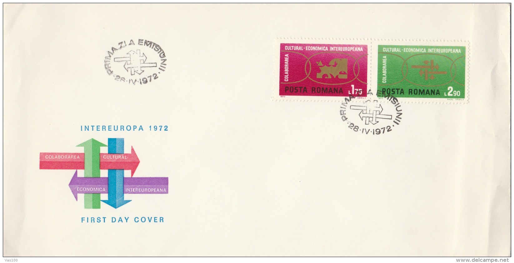 #T234 INTEREUROPA, CULTURAL AND ECONOMICAL COLLABORATION ,COVERS FDC, STAMPS IN PAIR, 1972, ROMANIA. - FDC