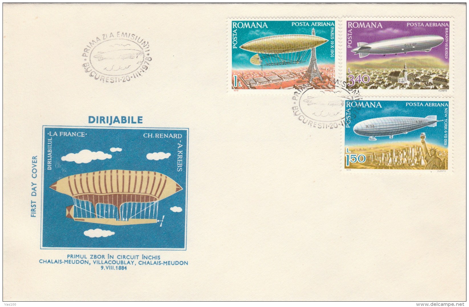 #T235 ZEPPELIN, FLYING, TRANSPORTATION ,COVERS FDC X 3, FULL SET OF STAMPS+BLOCK, 1978, ROMANIA. - FDC
