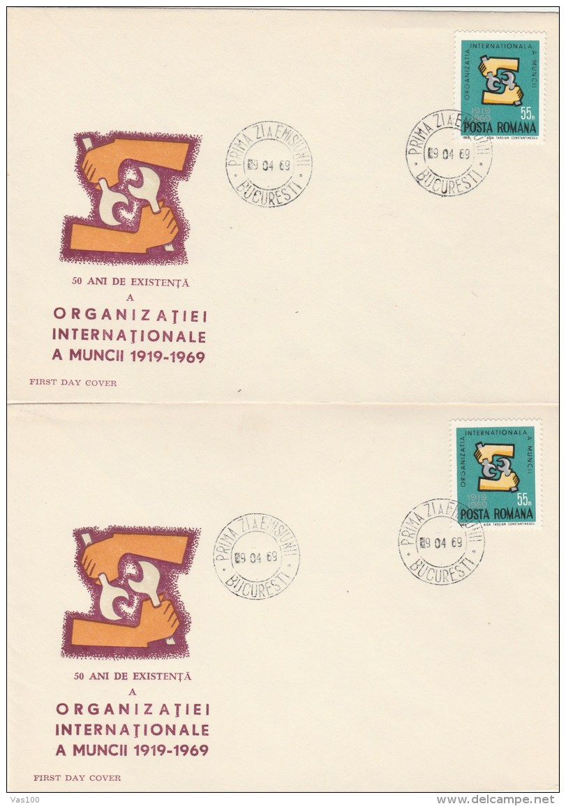 #BV3579   INTERNATIONAL LABOUR ORGANISATION, COVERS FDC X 2, 1969, ROMANIA. - FDC