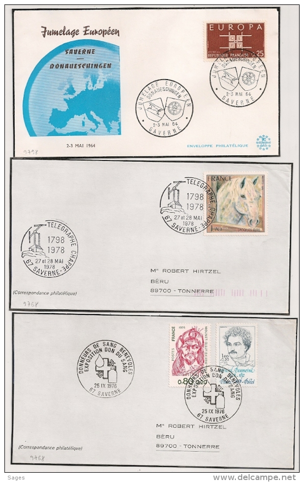 SAVERNE Bas Rhin Alsace. DONNEURS SE SANG. TELEGRAPHE. JUMELAGE. 3 ENVELOPPES. - 1960-1969