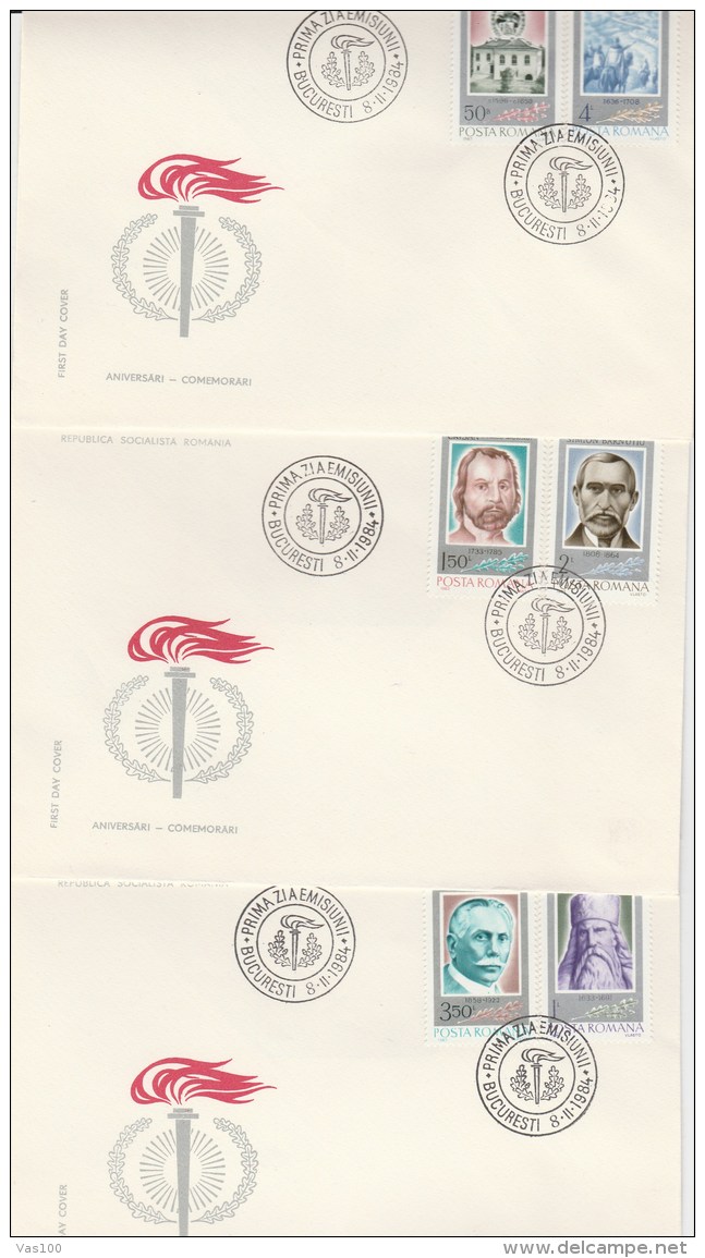 #BV3584  COMMEMORATION, CRISAN, SIMION BARNUTIU,MORON COSTIN, COVERS FDC X3 , 1984, ROMANIA. - FDC