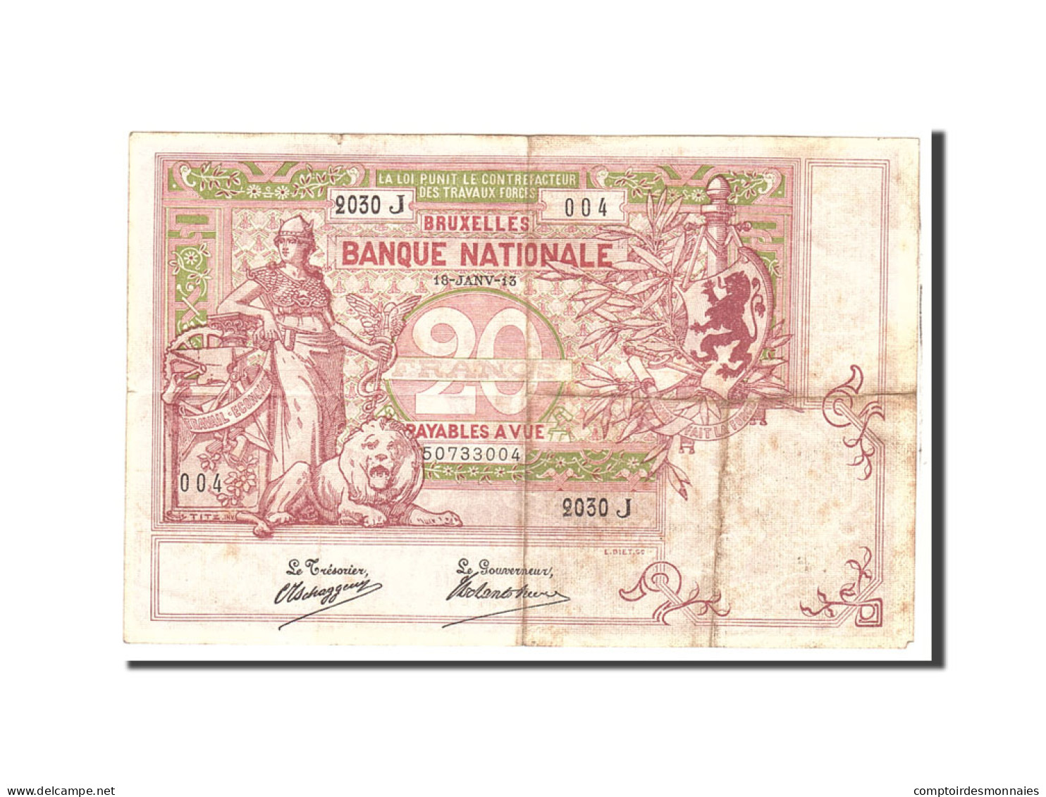 Billet, Belgique, 20 Francs, 1913, 1913-01-18, KM:67, TTB - 5-10-20-25 Francs