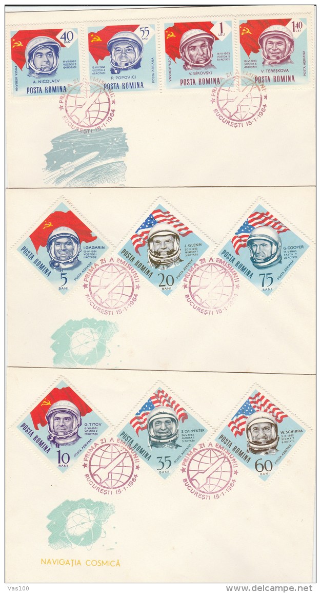 #BV3597  COSMIC NAVIGATION, ASTONAUTS, RUSSIAN, AMERICAN , COVERS FDC X 3, 1964, ROMANIA. - FDC