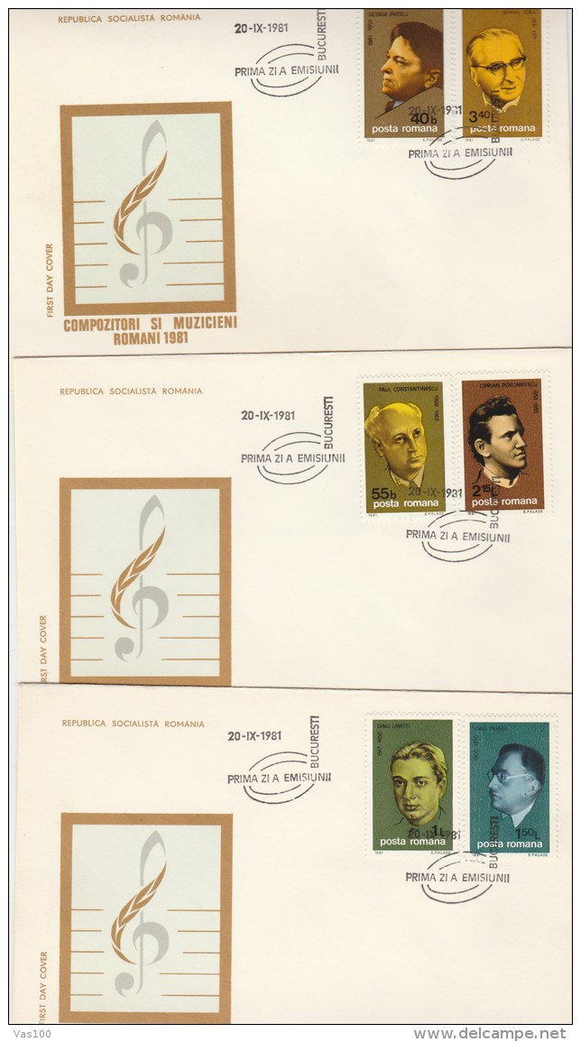 #BV3598  MUSIC, COMPOSERS,IONEL PERLEA, MIHAIL JORA, PAUL CONSTANTINESCU , COVERS FDC X 3, 1981, ROMANIA. - FDC