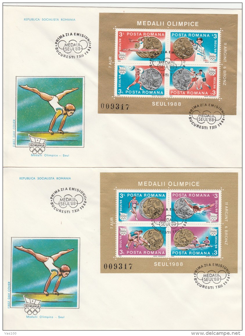 #T239  OLIMPIC MEDALS, GYMNASTICS, SHOOTING, BOXING, WEIGHTLIFTING, COVERS FDC X 2,  1988, ROMANIA. - FDC