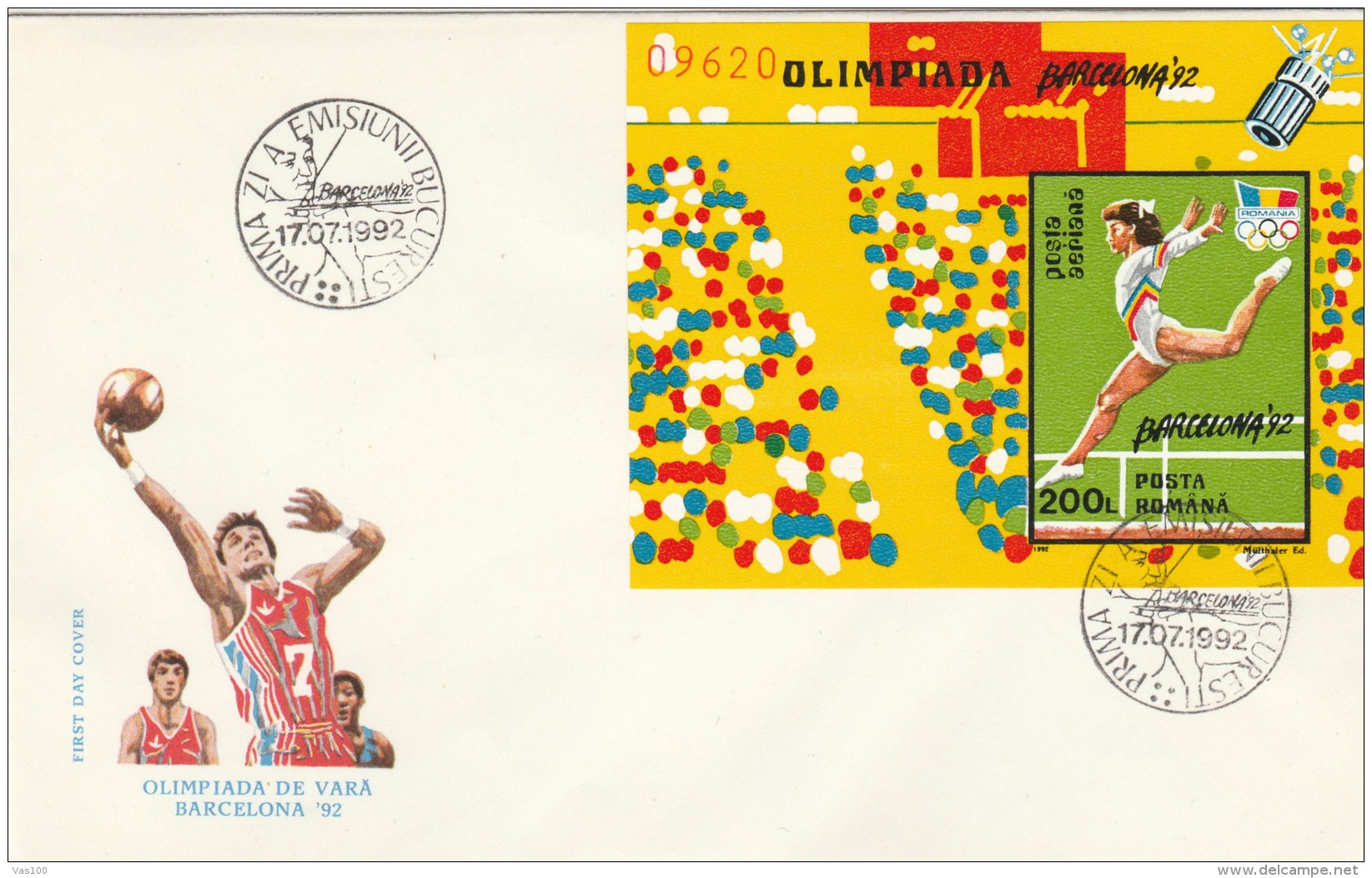 #T242  OLIMPIC GAMES, GYMNASTICS, BASKETBALL, COVERS FDC, UNPENETRATED, BLOCK, 1992 ROMANIA. - FDC
