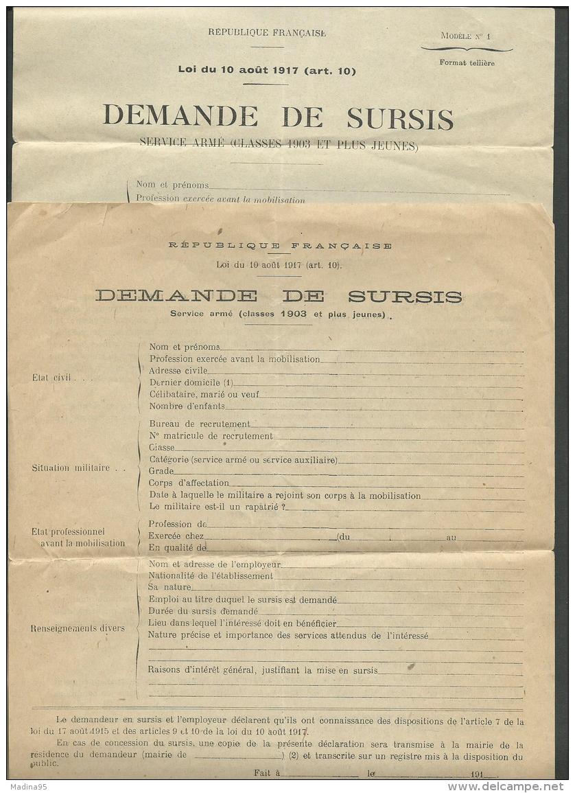 FRANCE: GUERRE 14-18, 2 Ex. Diff. De Demande De Sursis-Service Armé (classes 1903 Et + Jeunes), B - Documents