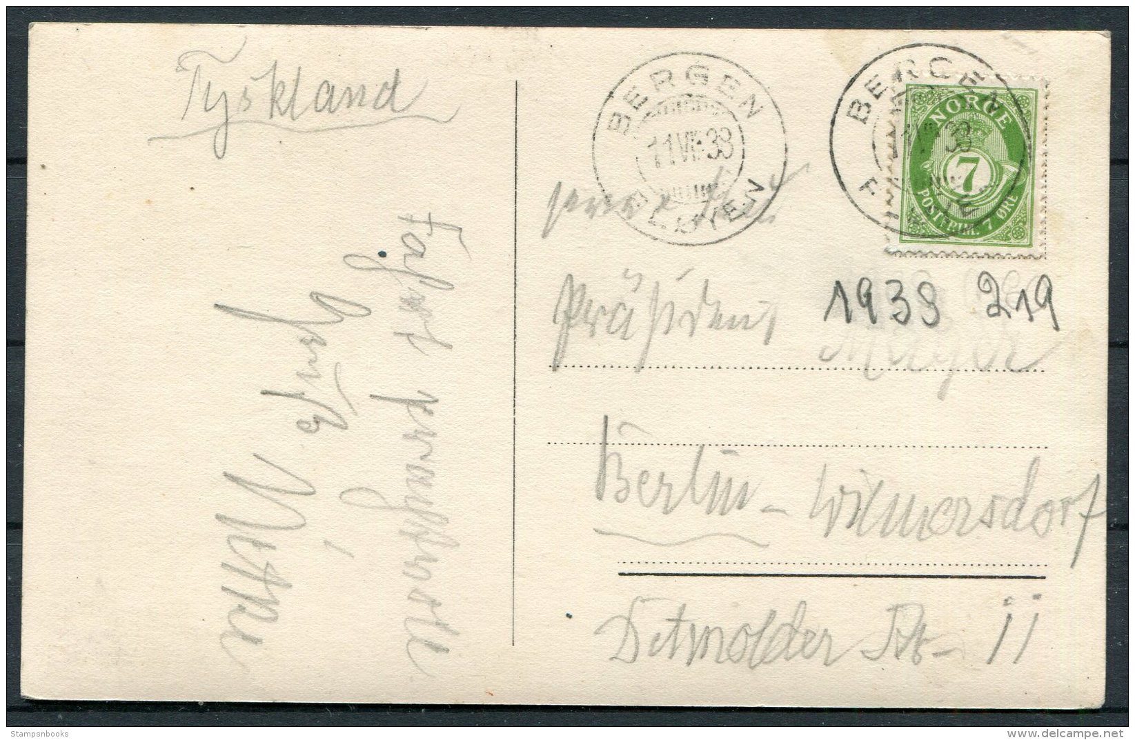 1933 Norway Bergen Haakonshallen Postcard 7ore - Berlin, Germany - Covers & Documents