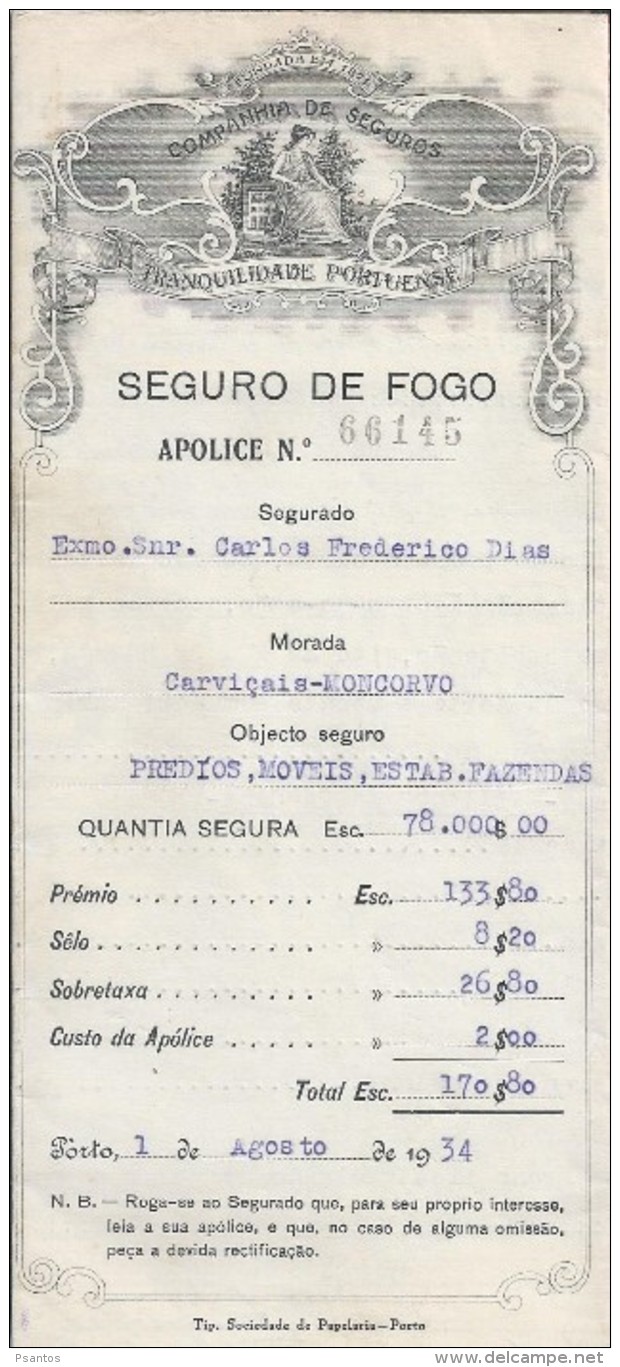 Companhia De Seguros Tranquilidade Portuense.Apólice Seguro Fogo 1934.Contract Fire Insurance.Good State.3 Scan.Rare. - Documents Historiques