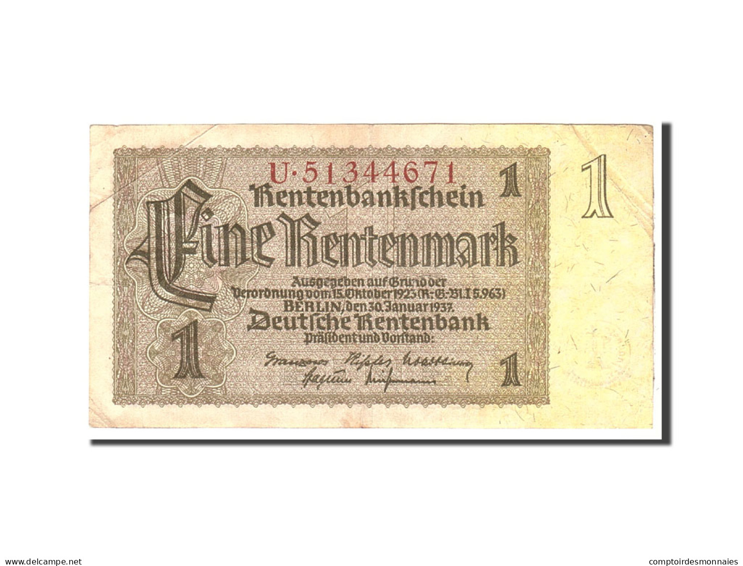 Billet, Allemagne, 1 Rentenmark, 1937, 1937-01-30, KM:173b, TTB - Bundeskassenschein