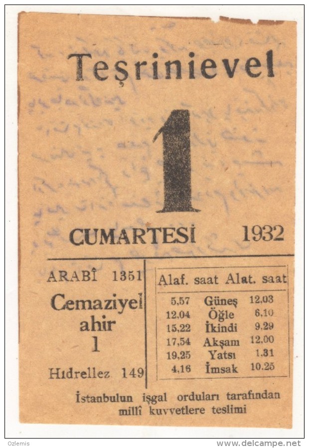 TURQUIE,TURKEI TURKEY ,1932 CALENDER  PAGE - Grand Format : 1921-40