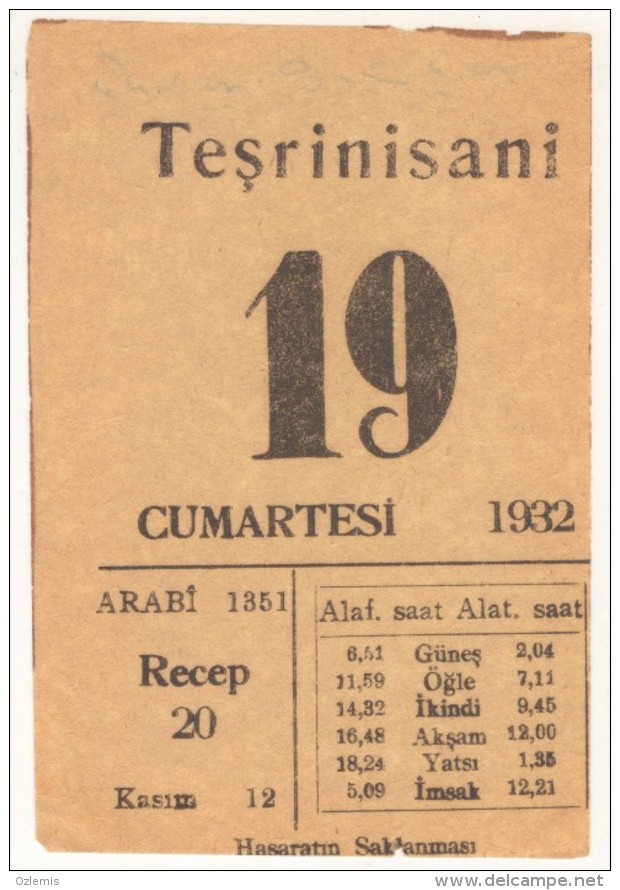 TURQUIE,TURKEI TURKEY ,OTTOMAN CALENDER  PAGE - Grand Format : 1921-40