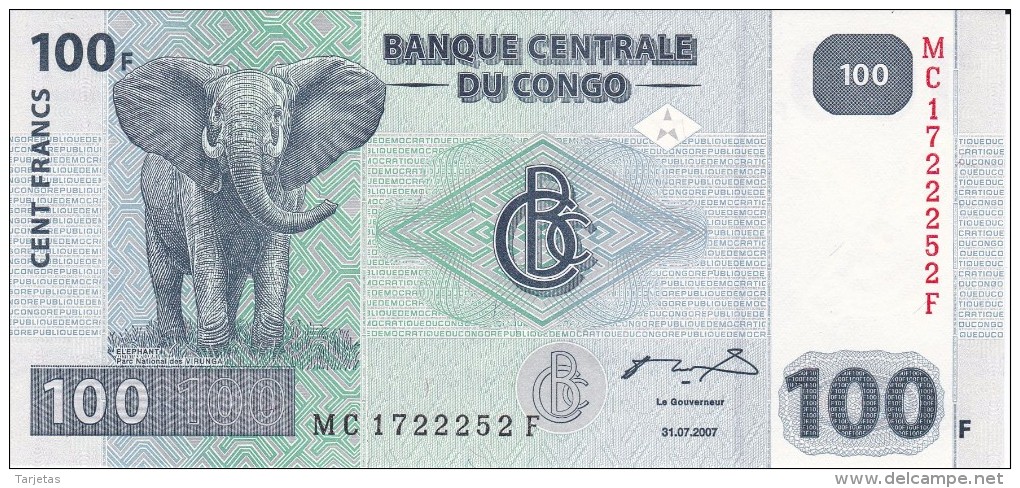 BILLETE DE EL CONGO DE 100 FRANCOS DEL AÑO 2007 NUEVO-SIN CIRCULAR (BANKNOTE) ELEFANTE-ELEPHANT - Ohne Zuordnung