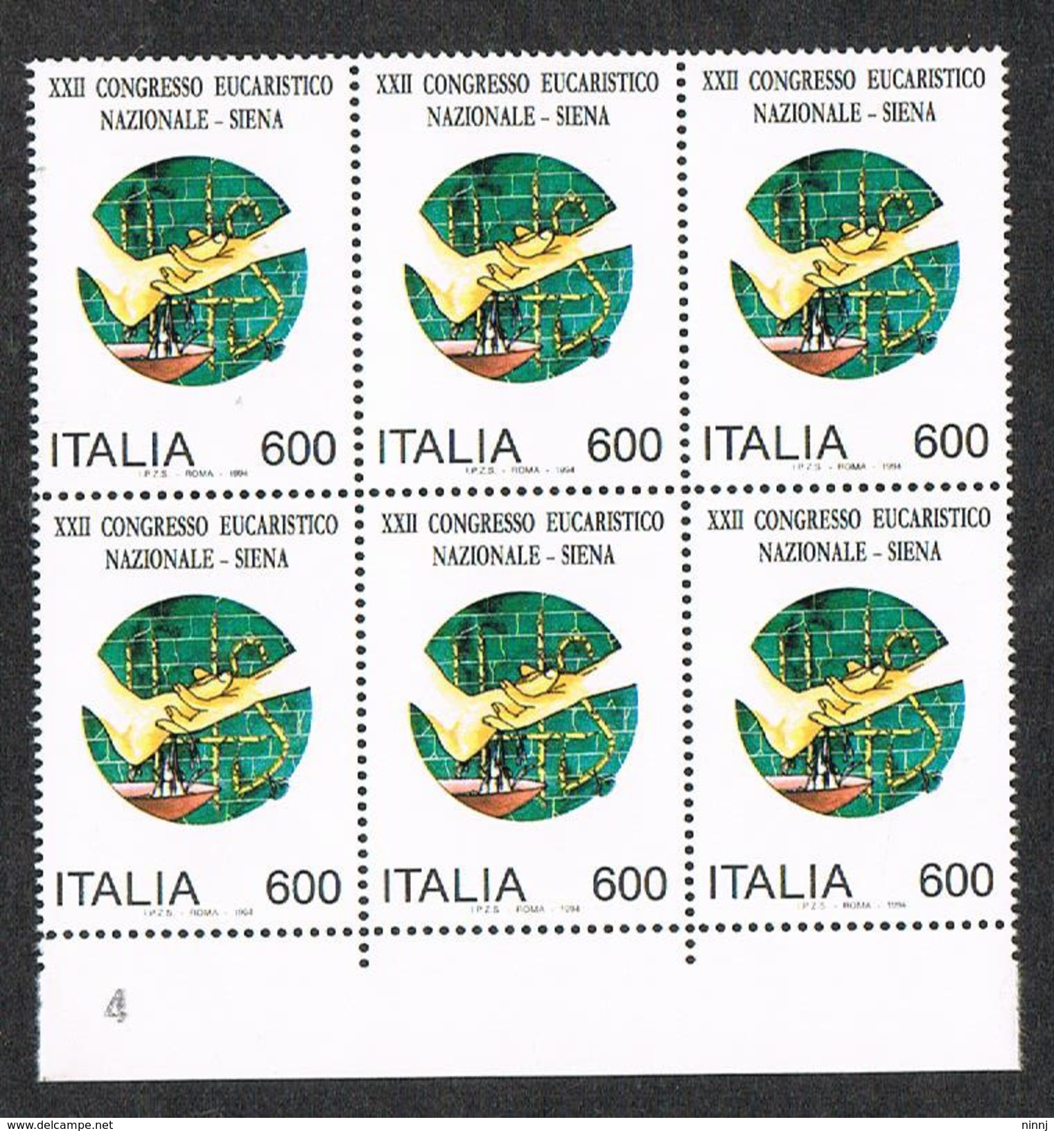 1994 Italia - Blocco Francobolli Congresso Eucaristico Siena 6 X £. 600 -- Nuovi** Integri MNH - Blocks & Sheetlets