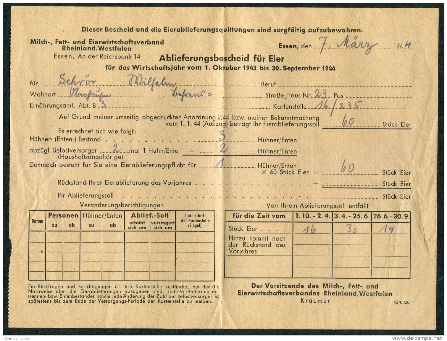 1944 DR Germany Deutsche Ablieferungsbescheid Fur Eier, Essen + Quittung X 3 - Historical Documents