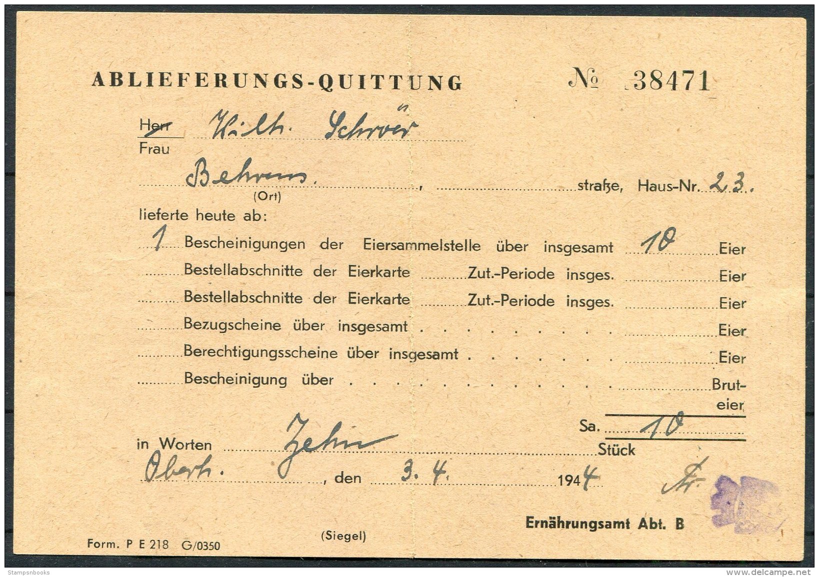 1944 DR Germany Deutsche Ablieferungsbescheid Fur Eier, Essen + Quittung X 3 - Historical Documents