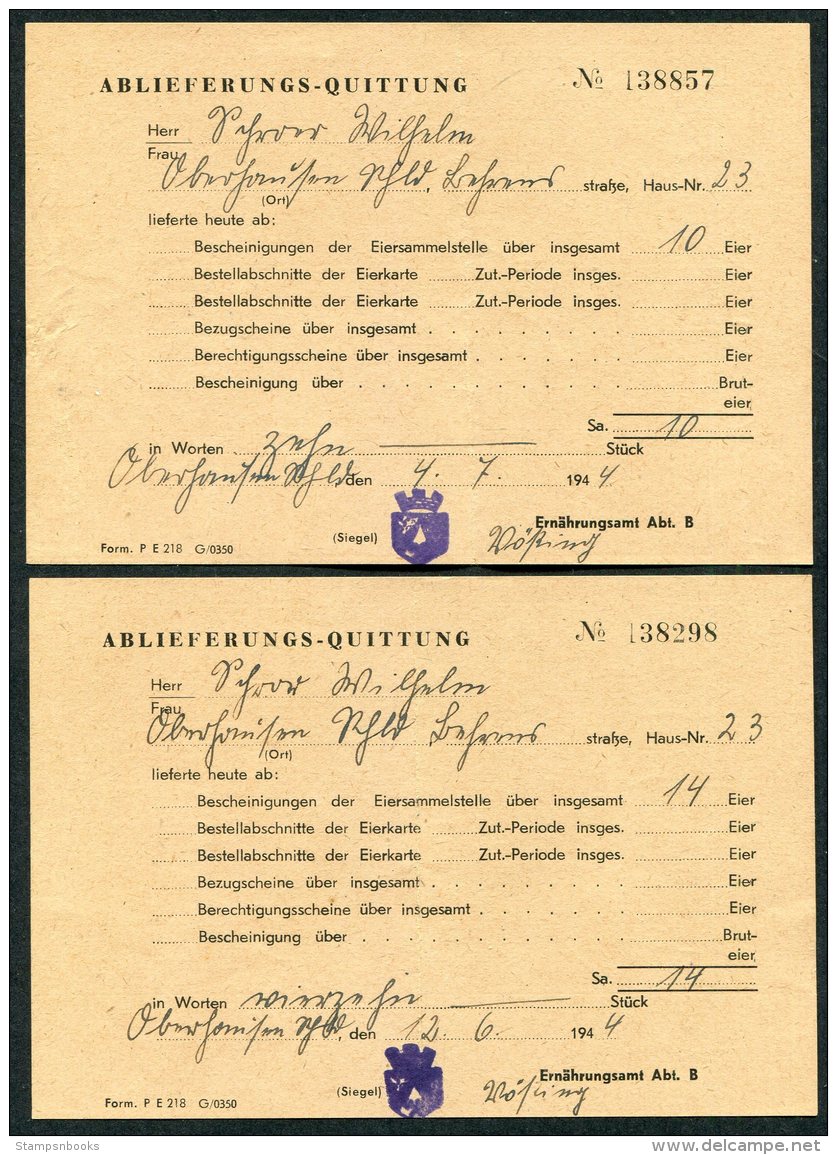 1944 DR Germany Deutsche Ablieferungsbescheid Fur Eier, Essen + Quittung X 3 - Historical Documents