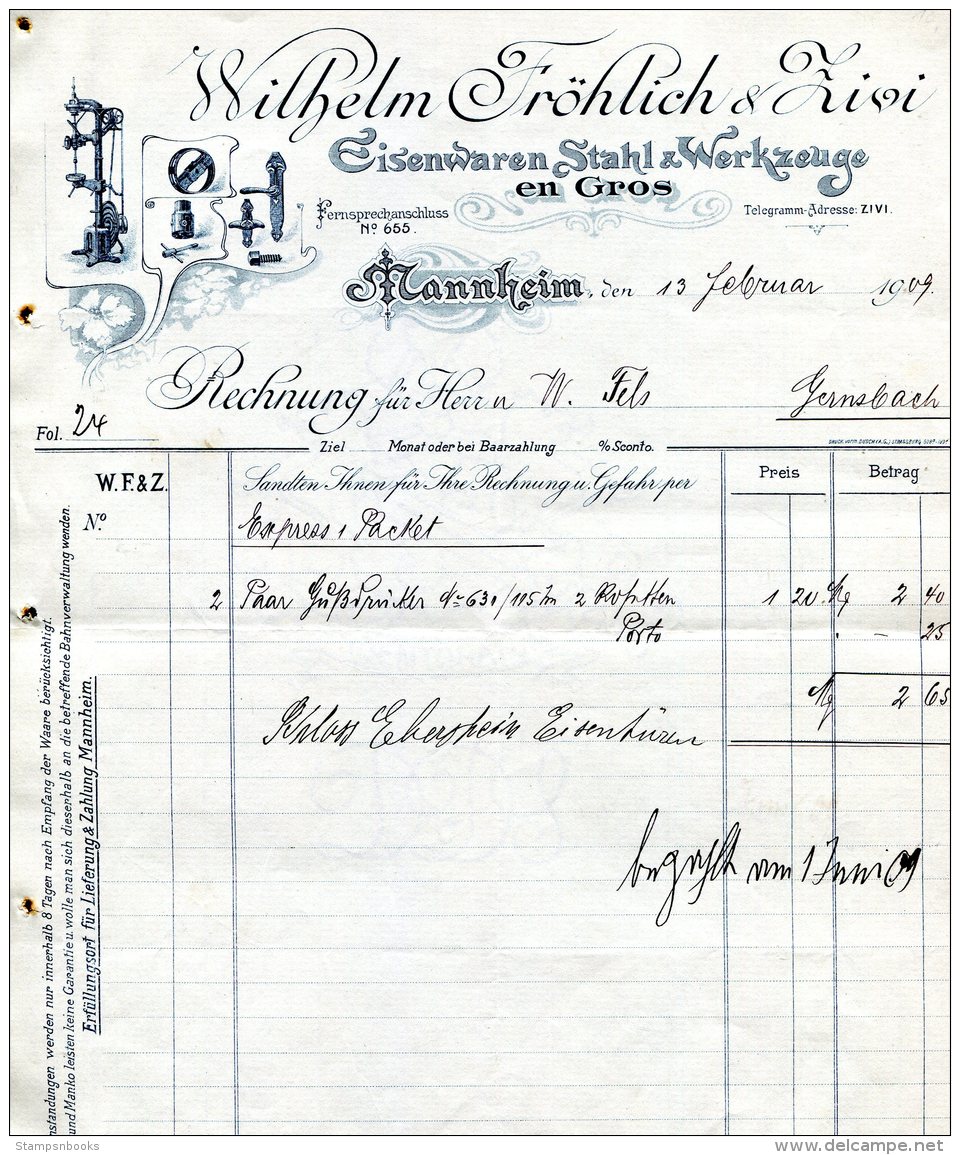 1909 Germany Mannheim Wilhelm Frohlich Eisenwaren Stahl Werkzeuge Decorative Invoice - 1900 – 1949