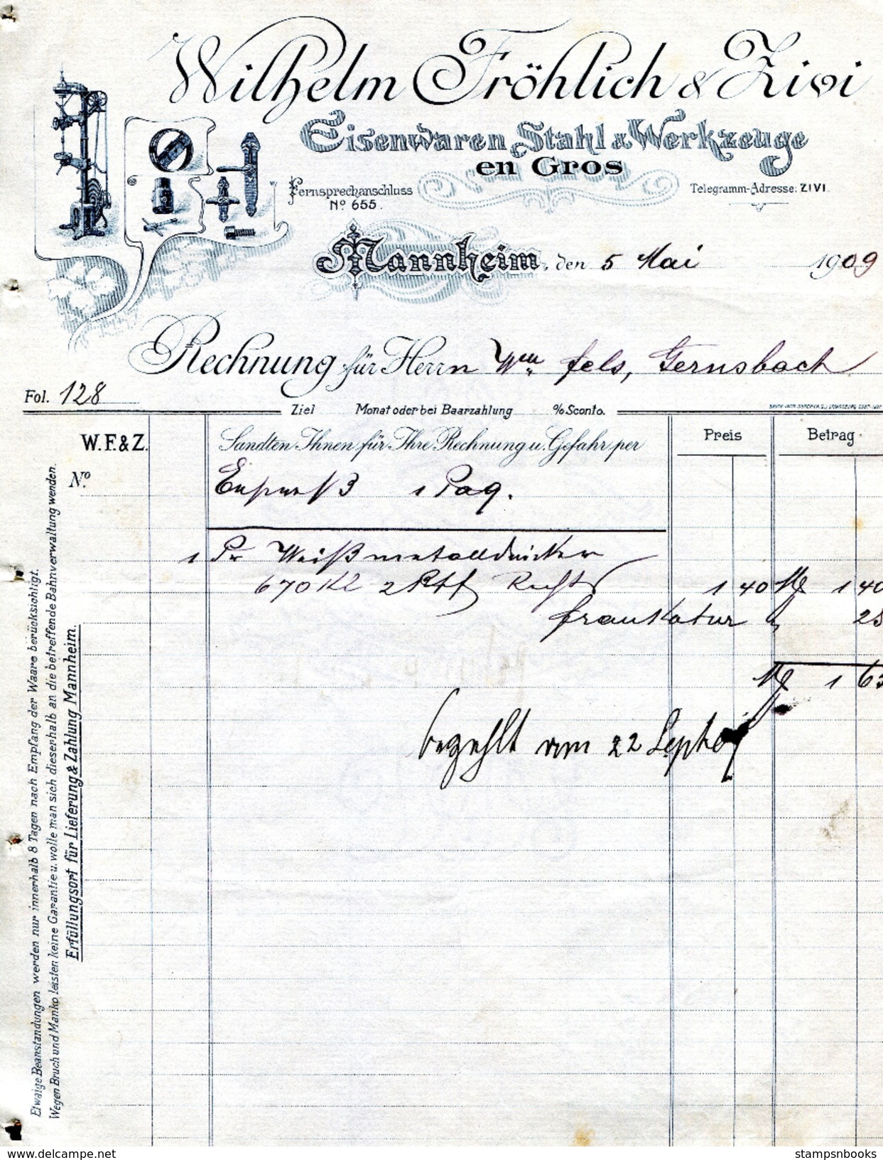 1909 Germany Wilhelm Frohlich Mannheim Decorative Invoice - 1900 – 1949