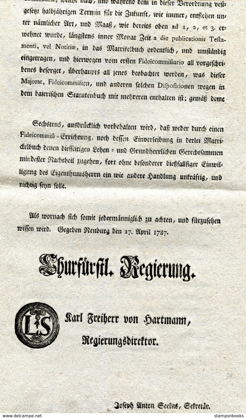 1787 Karl Freiherr Von Hartmann, Regierungsdirector, Neuburg, Thur. Germany - Documenti Storici